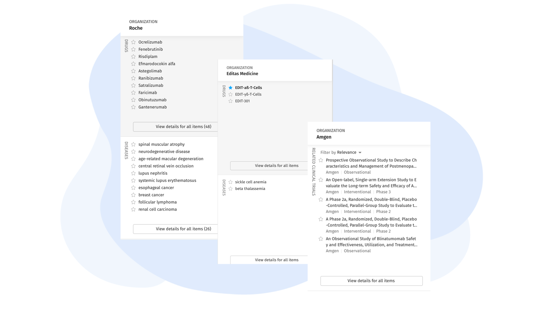 Linked company, drug, disease, and clinical-trial profiles in an Epistemic research view.