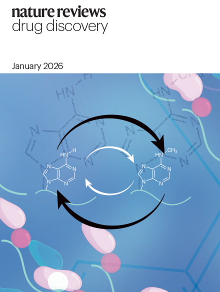 Nature Reviews Drug Discovery January 2026 cover featuring molecular structures and reaction arrows