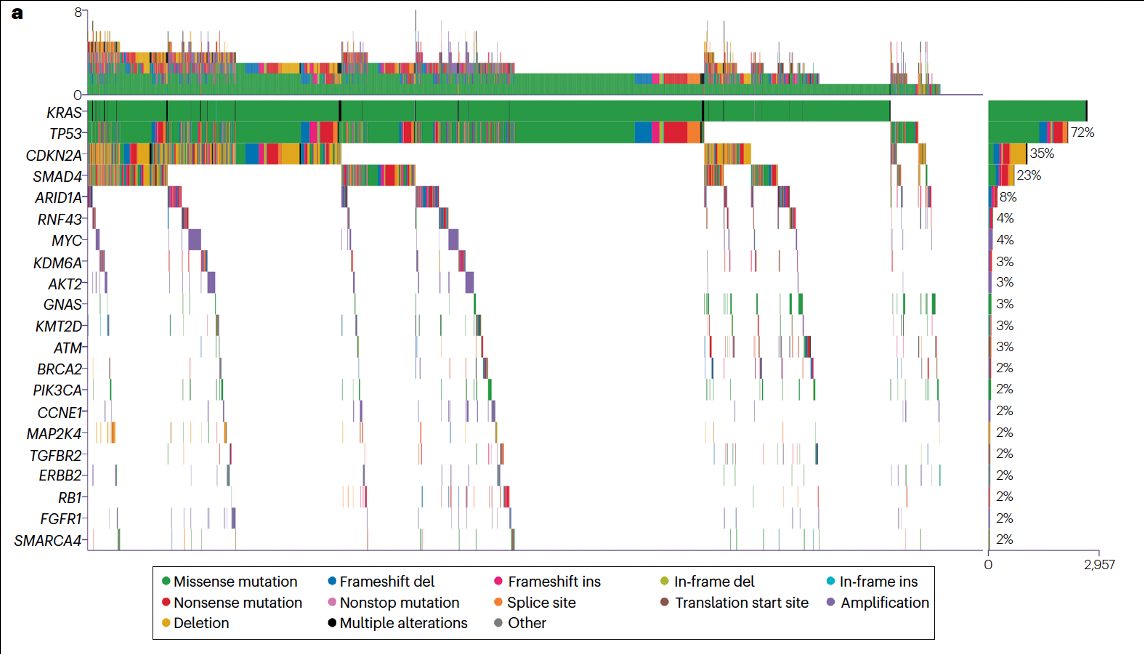 AACR GENIE genomic aberration map. KRAS and TP53 are the most frequently altered genes; TP53 is labeled 72%, CDKN2A 35%, and SMAD4 23%. Colors distinguish mutation types, deletions, amplification, and multiple alterations.